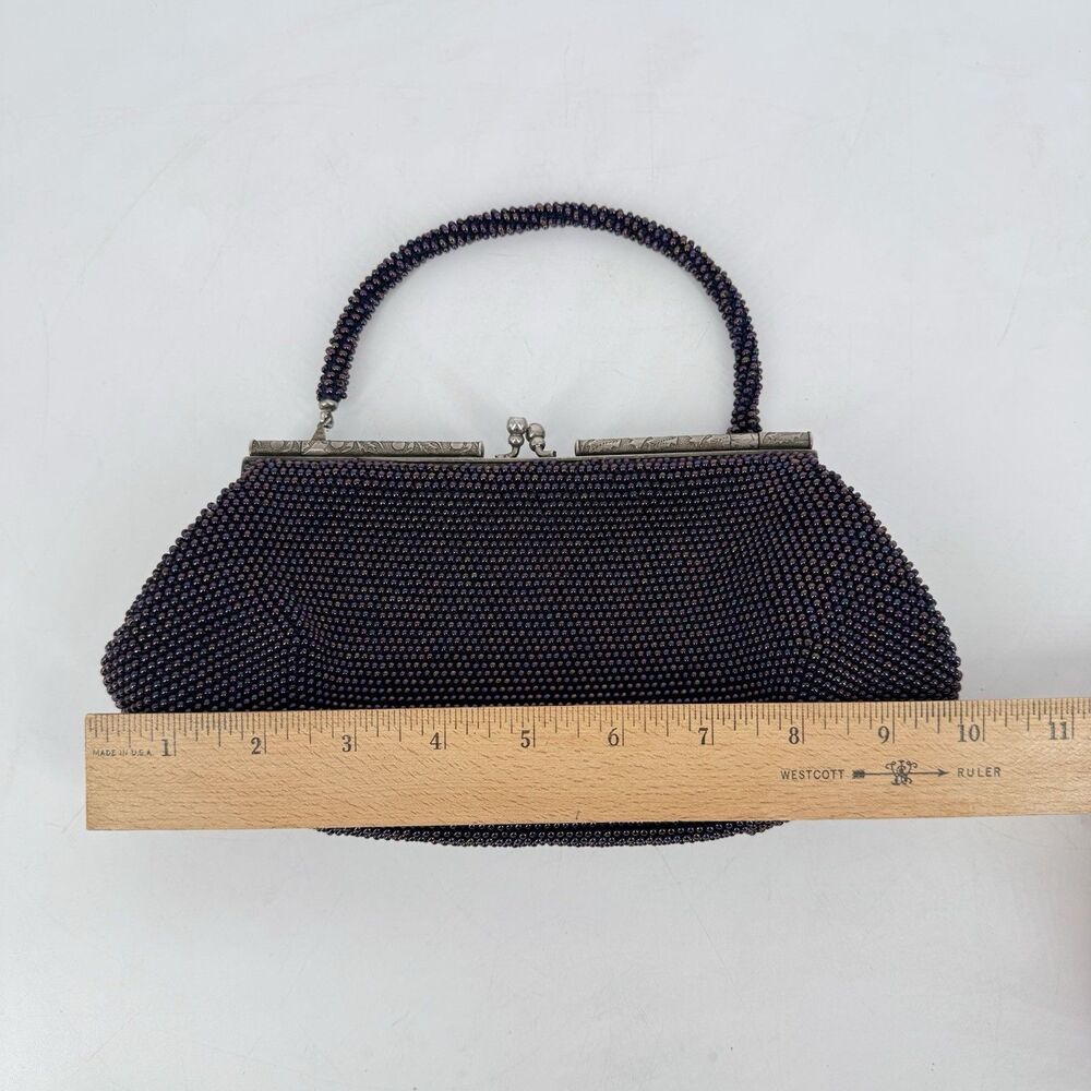 Vintage Purple Beaded Evening Bag Clutch Purse Silver Frame Kiss Lock 10” - Picture 8 of 11